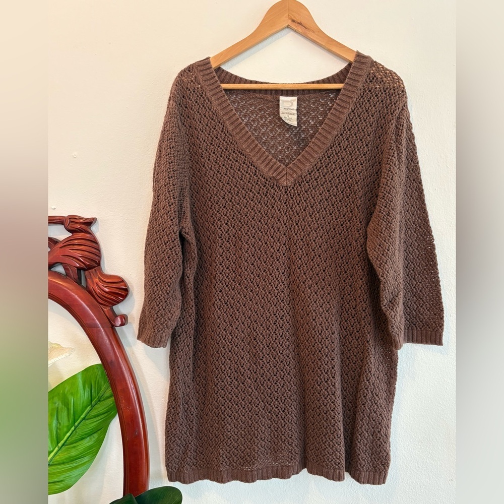 Vintage Roamans Chocolate Brown Knit 3/4 Sleeve V Neck Sweater Plus Size